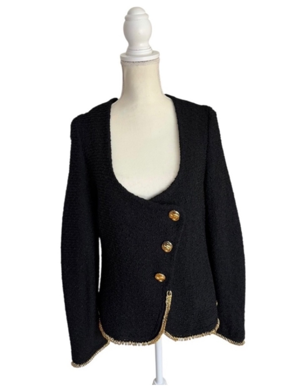 St. John Couture NWT Black Knit Gold Trim Asymmetrical Blazer Jacket Size 8 - Picture 2 of 16